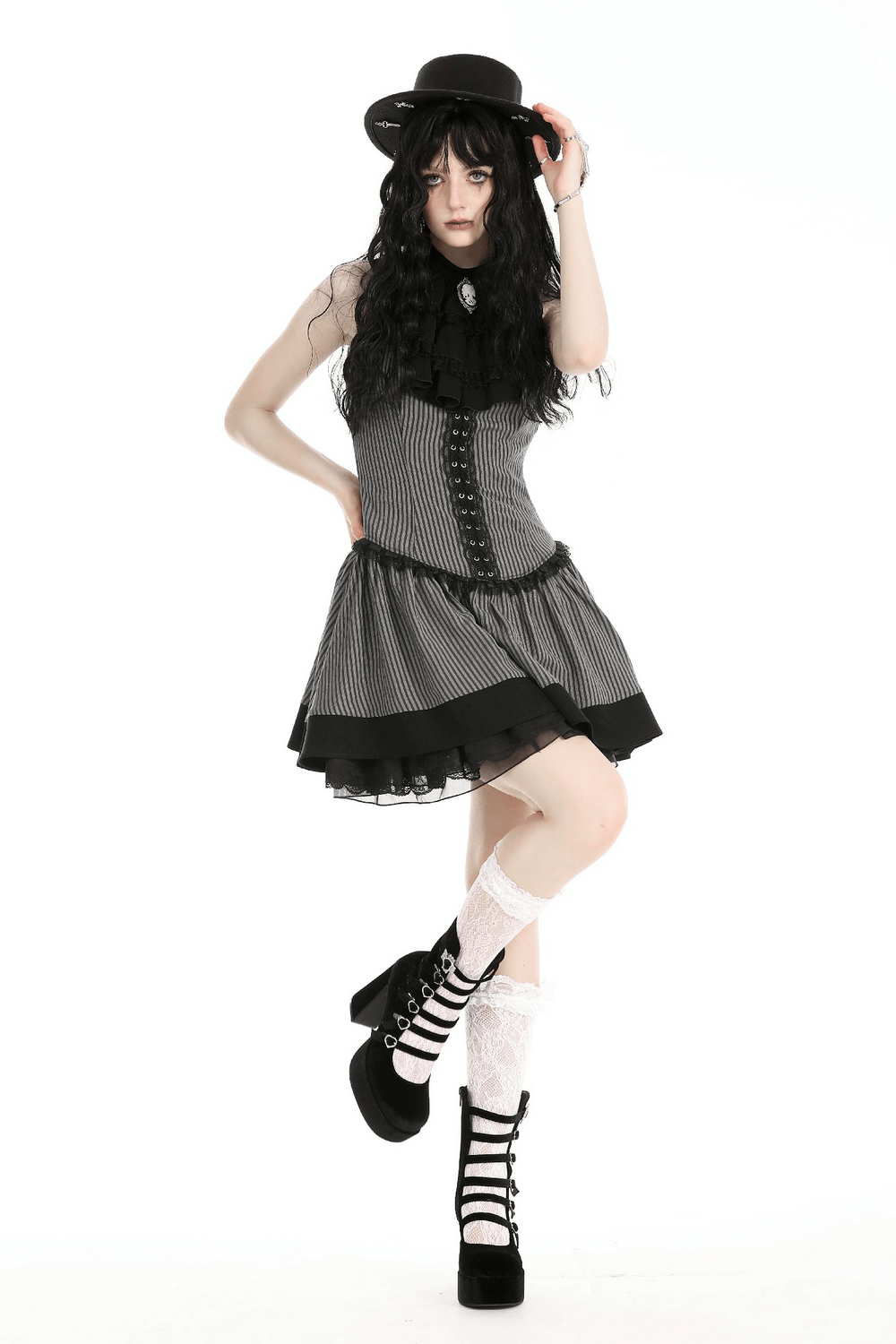 Elegant Striped Ruffle Dress with Brooch Accent - image 15