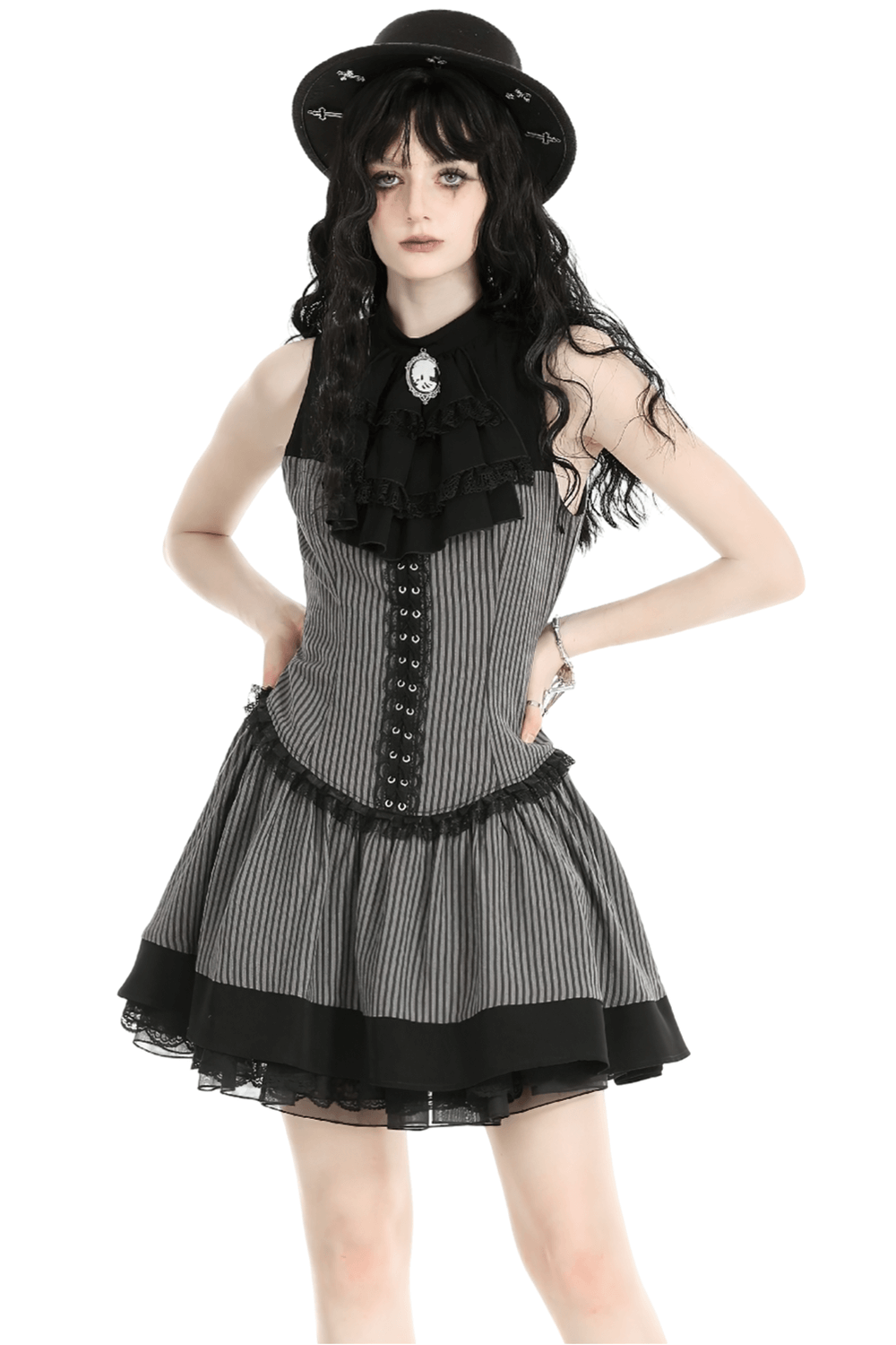 Elegant Striped Ruffle Dress with Brooch Accent - image 1