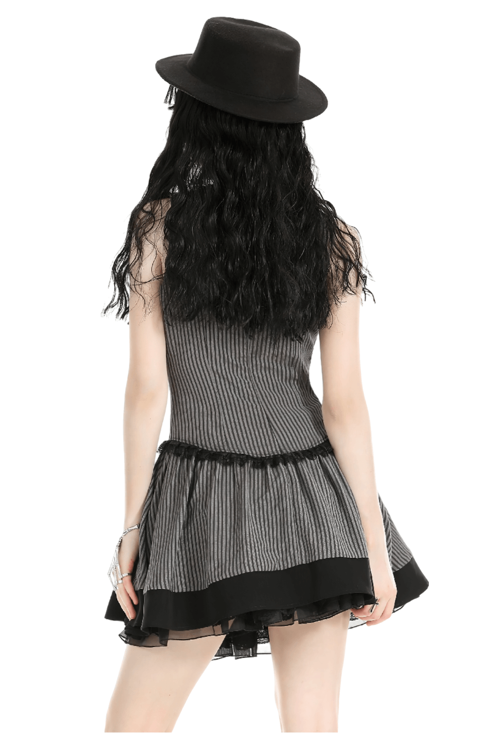 Elegant Striped Ruffle Dress with Brooch Accent - image 2