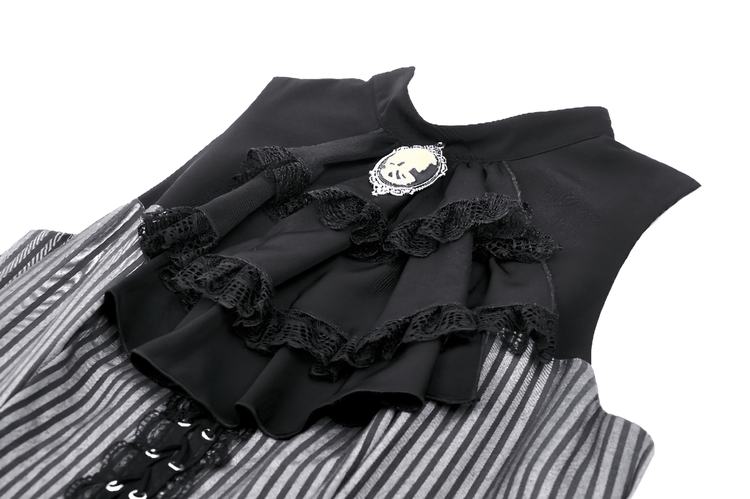 Elegant Striped Ruffle Dress with Brooch Accent - image 6