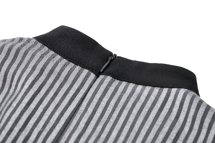 Elegant Striped Ruffle Dress with Brooch Accent - image 8