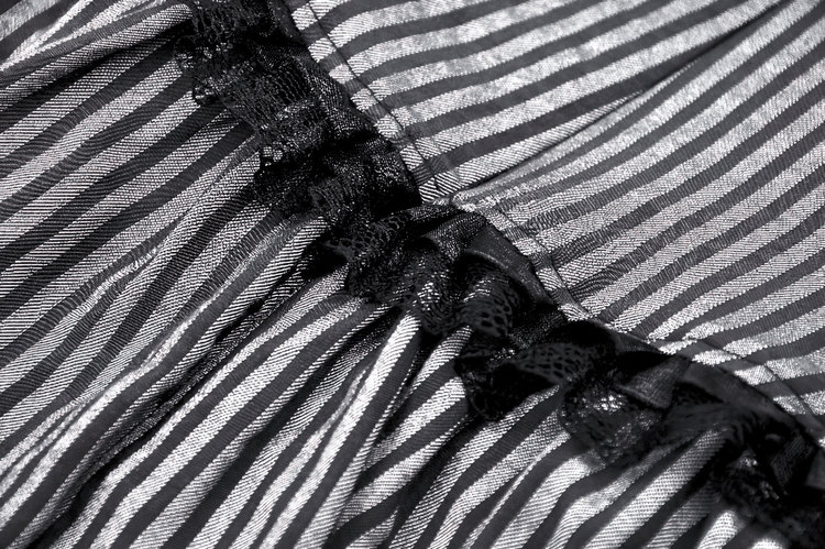 Elegant Striped Ruffle Dress with Brooch Accent - image 11