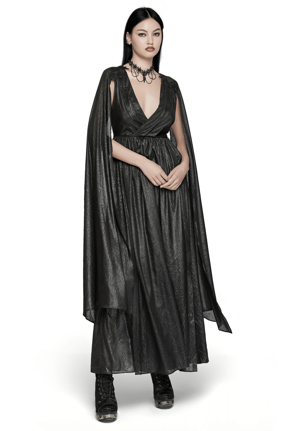 Elegant V-Neck Black Chiffon Dress with Long Sleeves - image 1