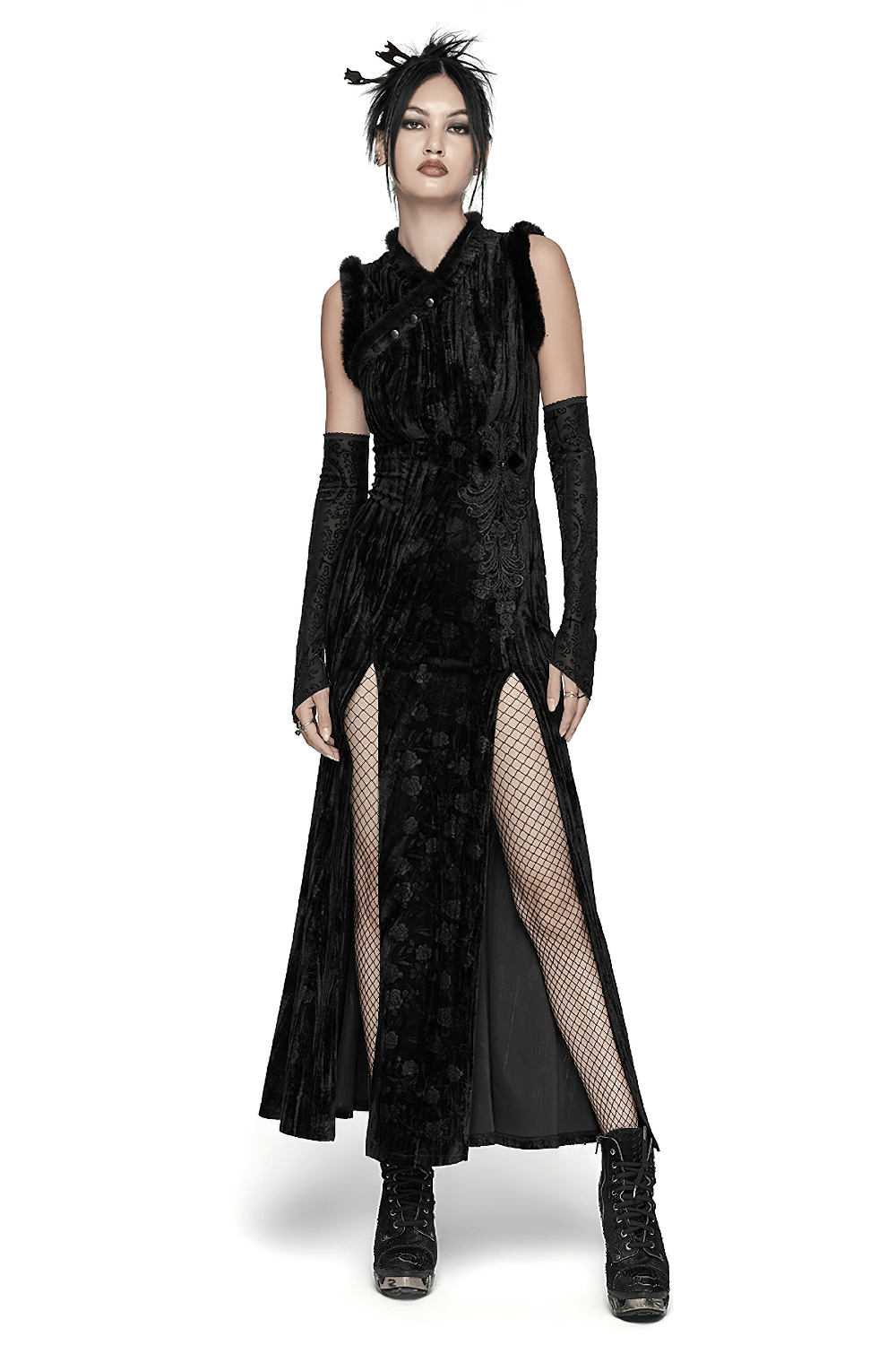 Elegant Velvet Dress with Slanted Collar and Appliques - image 1
