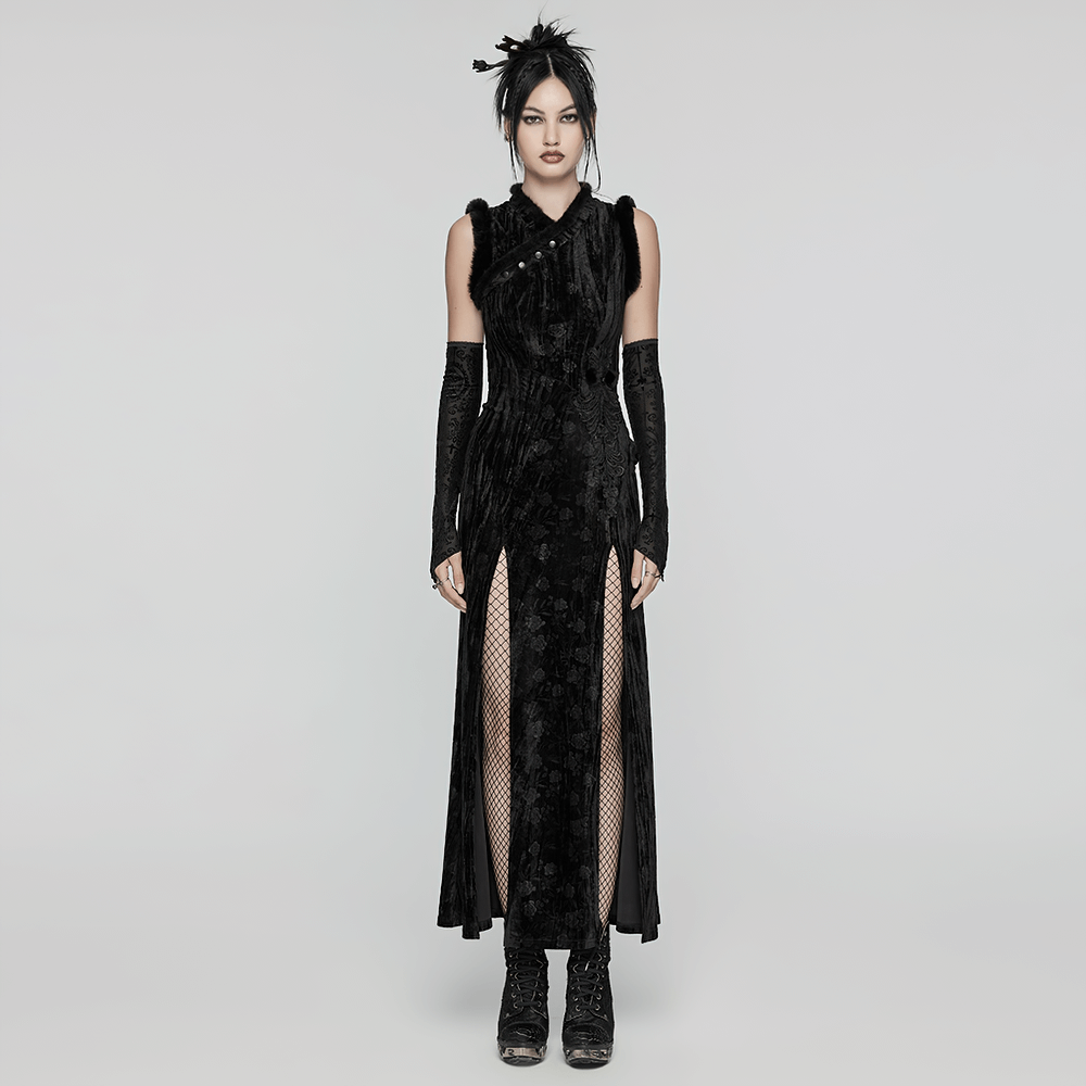 Elegant Velvet Dress with Slanted Collar and Appliques - image 8