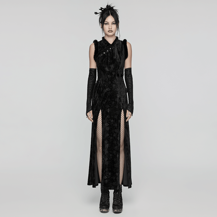 Elegant Velvet Dress with Slanted Collar and Appliques - image 8