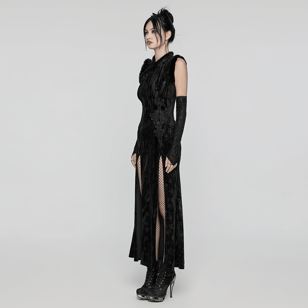 Elegant Velvet Dress with Slanted Collar and Appliques - image 9