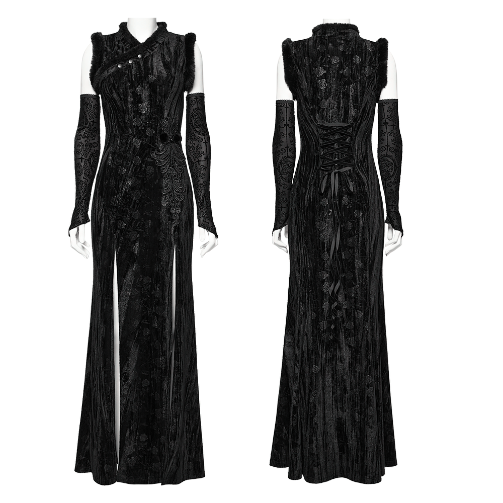 Elegant Velvet Dress with Slanted Collar and Appliques - image 3