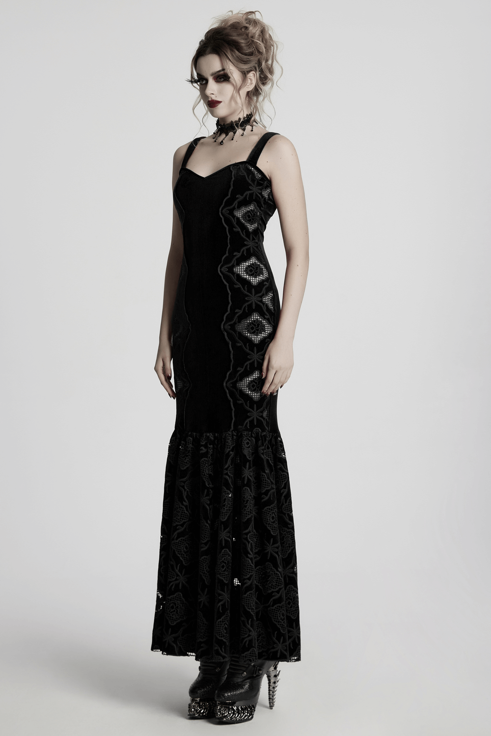 Elegant Velvet Embroidered Dress with Pleated Hem - image 12