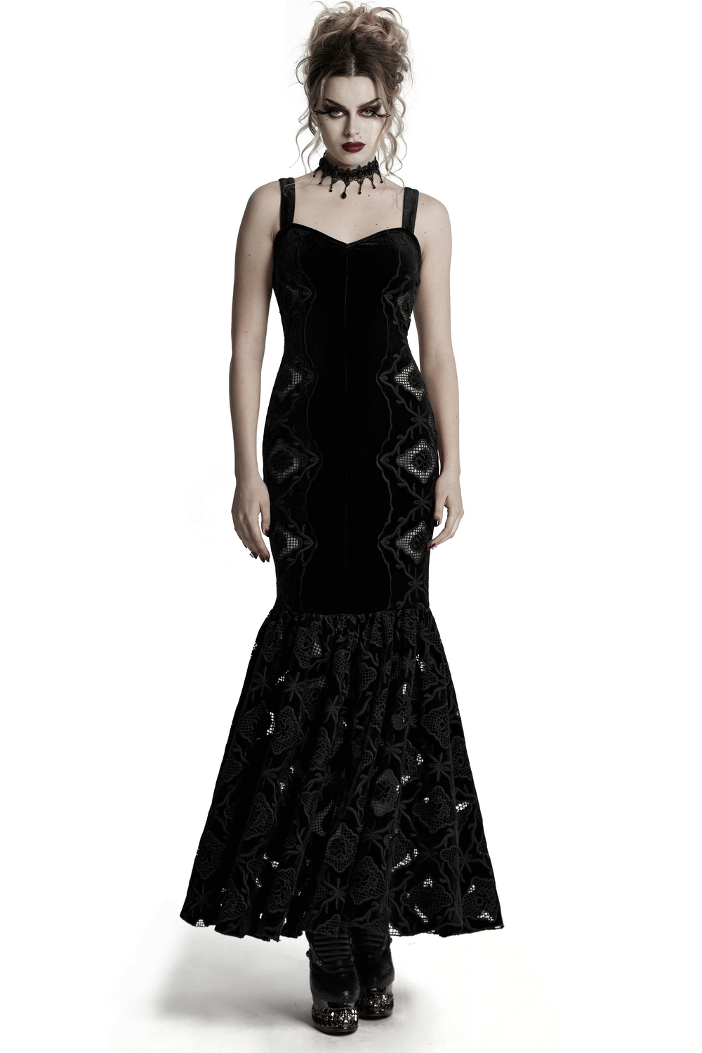 Elegant Velvet Embroidered Dress with Pleated Hem - image 1