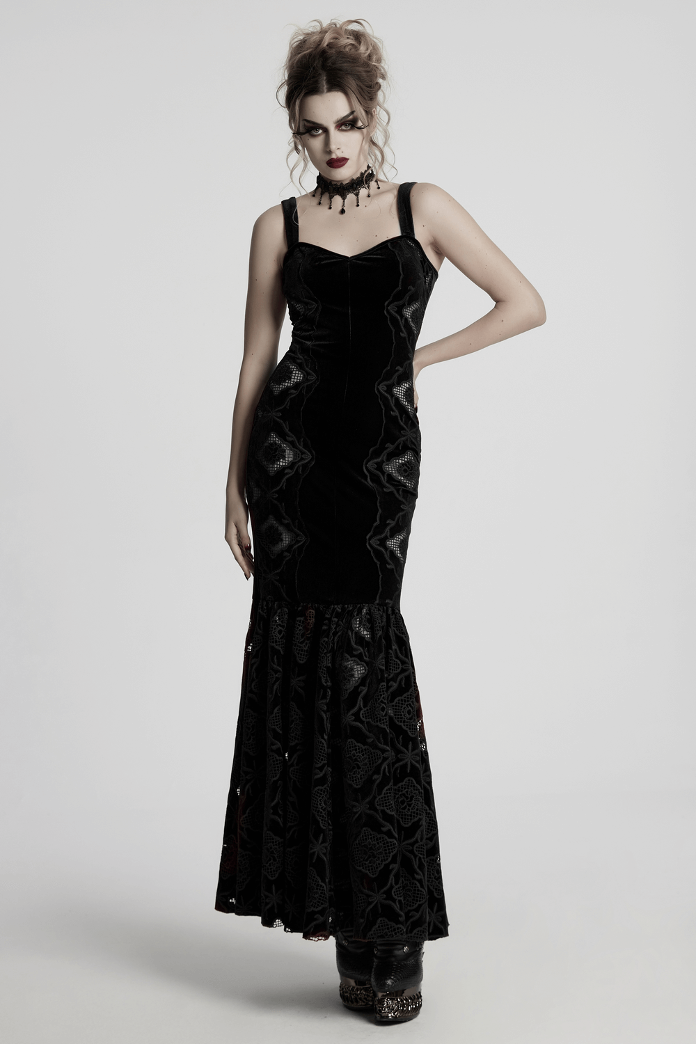 Elegant Velvet Embroidered Dress with Pleated Hem - image 13