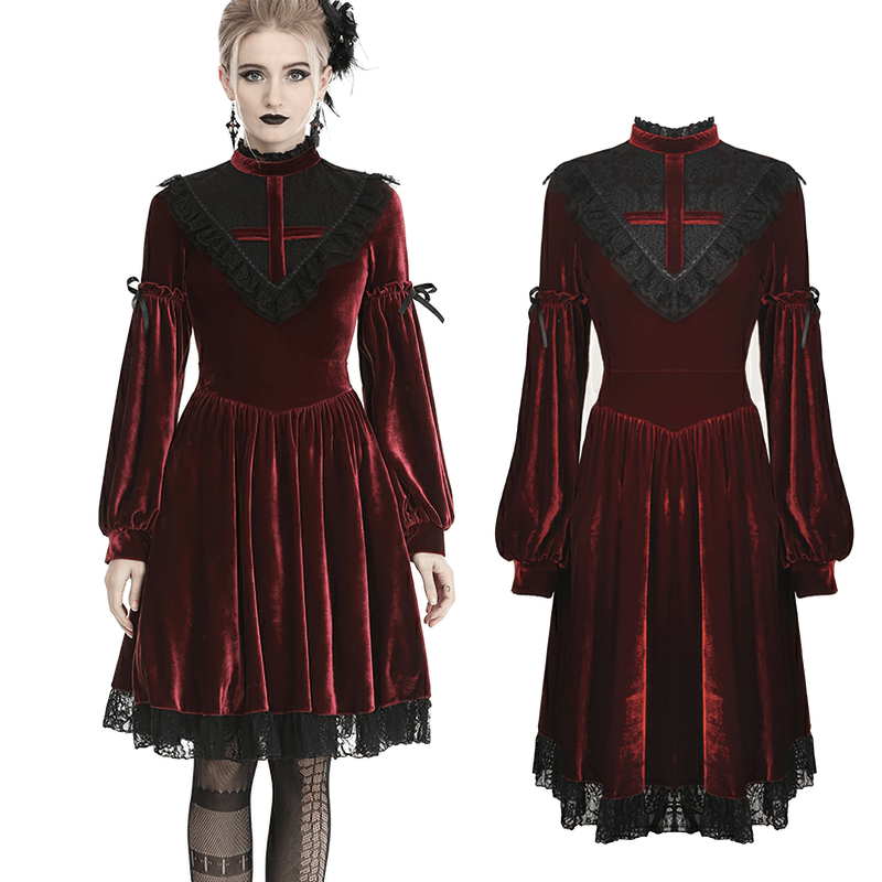 Elegant Velvet Gothic Dress with Lace Detail - Victorian Romance - image 3
