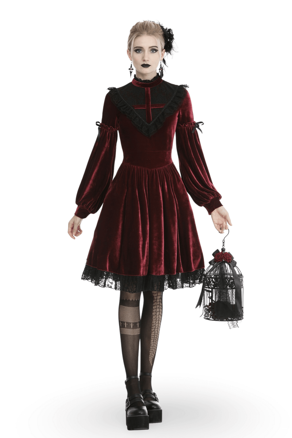 Elegant Velvet Gothic Dress with Lace Detail - Victorian Romance - image 1