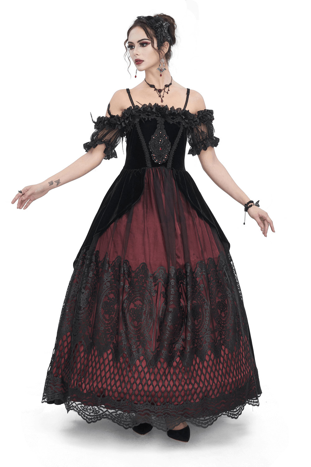 Elegant Velvet Off-The-Shoulder Victorian Dress - image 1