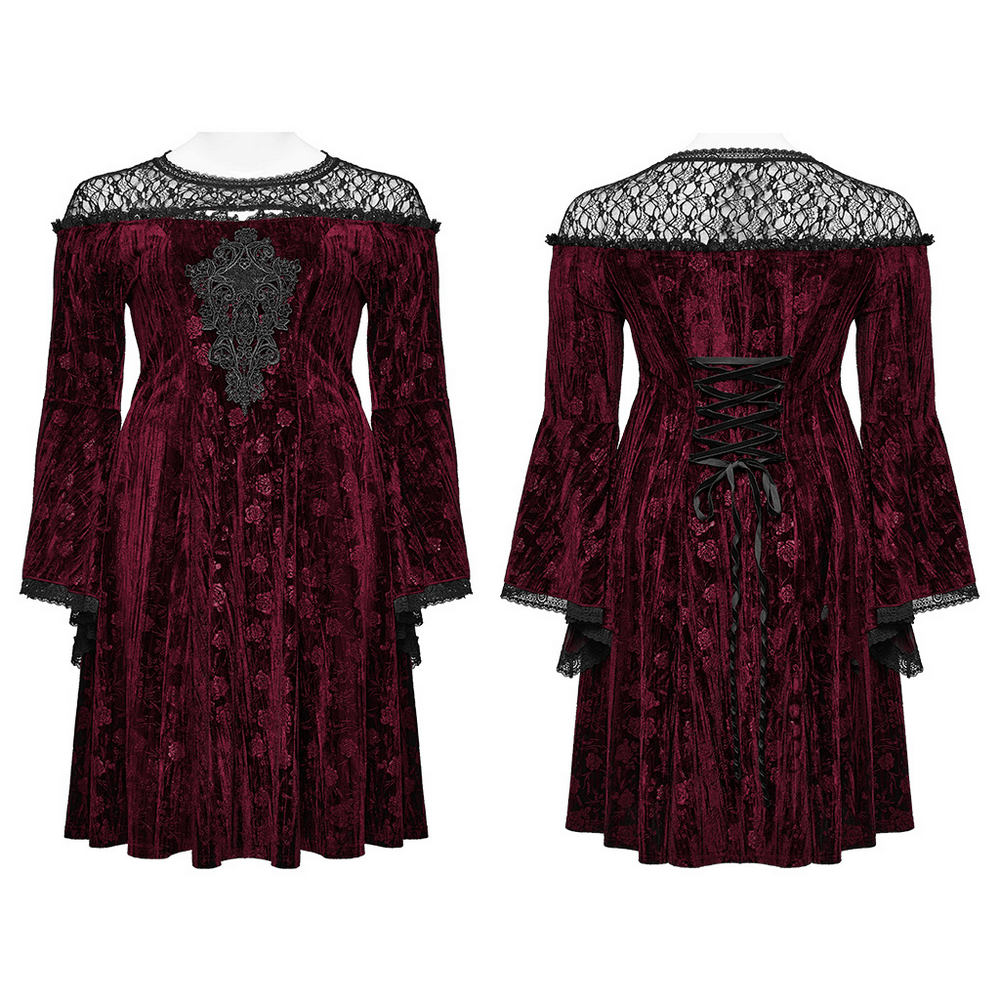 Elegant Velvet Rose Mesh Dress with Trumpet Sleeves - image 3