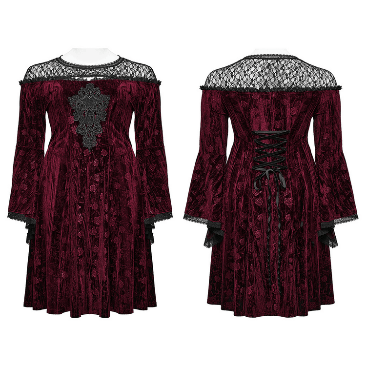 Elegant Velvet Rose Mesh Dress with Trumpet Sleeves - image 3