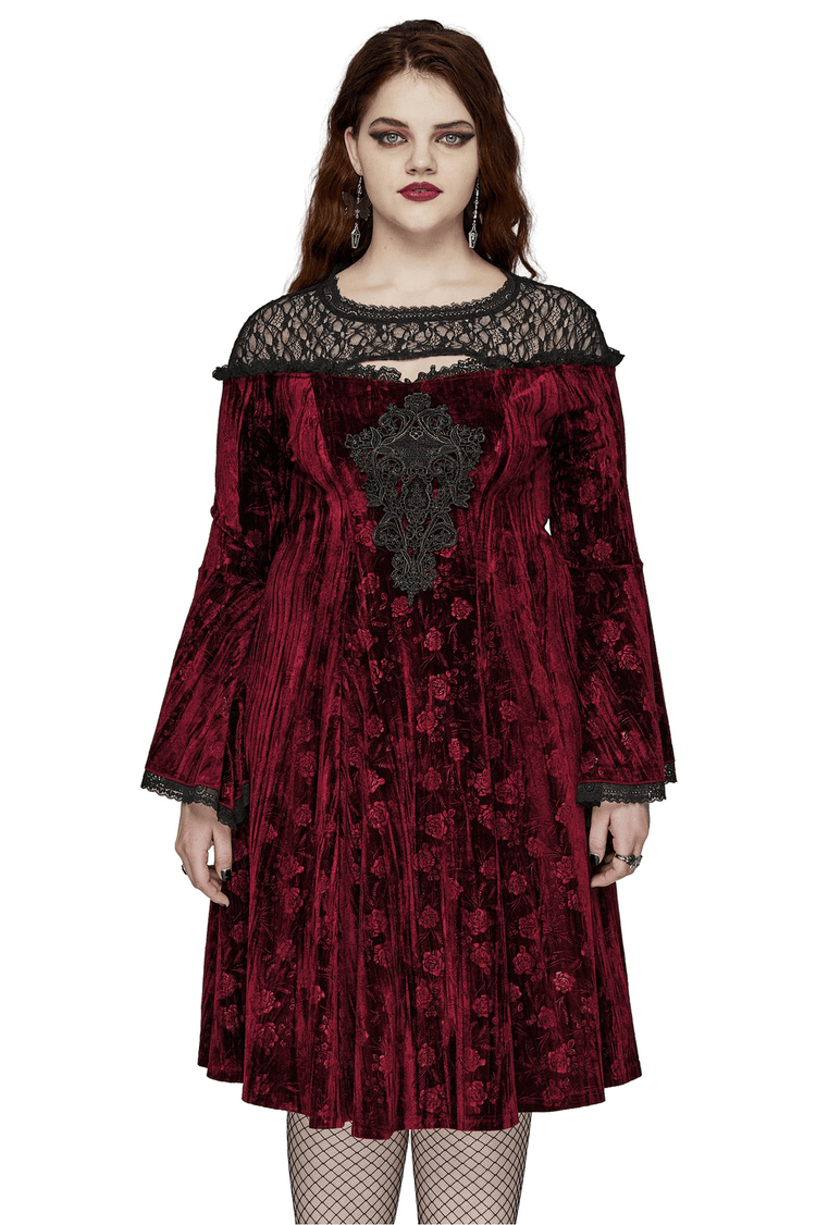 Elegant Velvet Rose Mesh Dress with Trumpet Sleeves - image 1