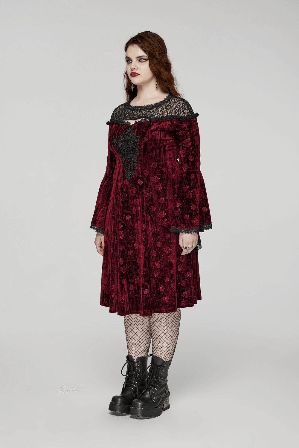 Elegant Velvet Rose Mesh Dress with Trumpet Sleeves - image 12