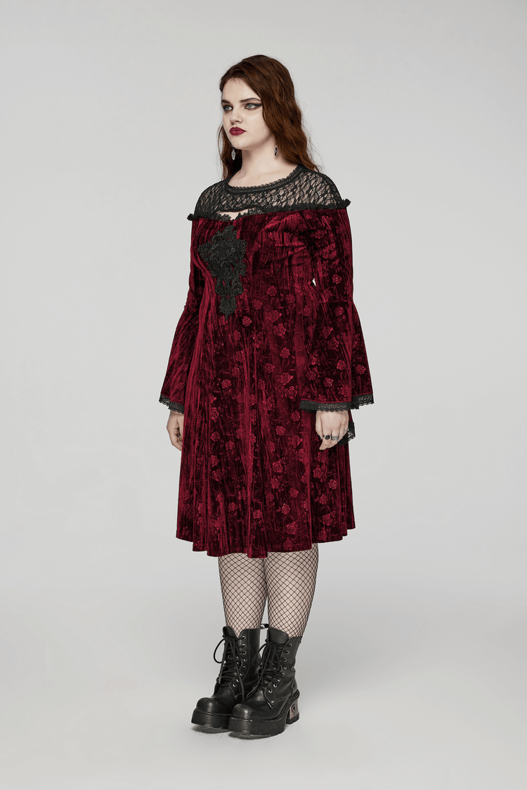 Elegant Velvet Rose Mesh Dress with Trumpet Sleeves - image 12