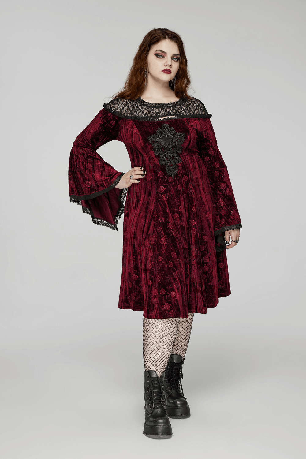 Elegant Velvet Rose Mesh Dress with Trumpet Sleeves - image 11