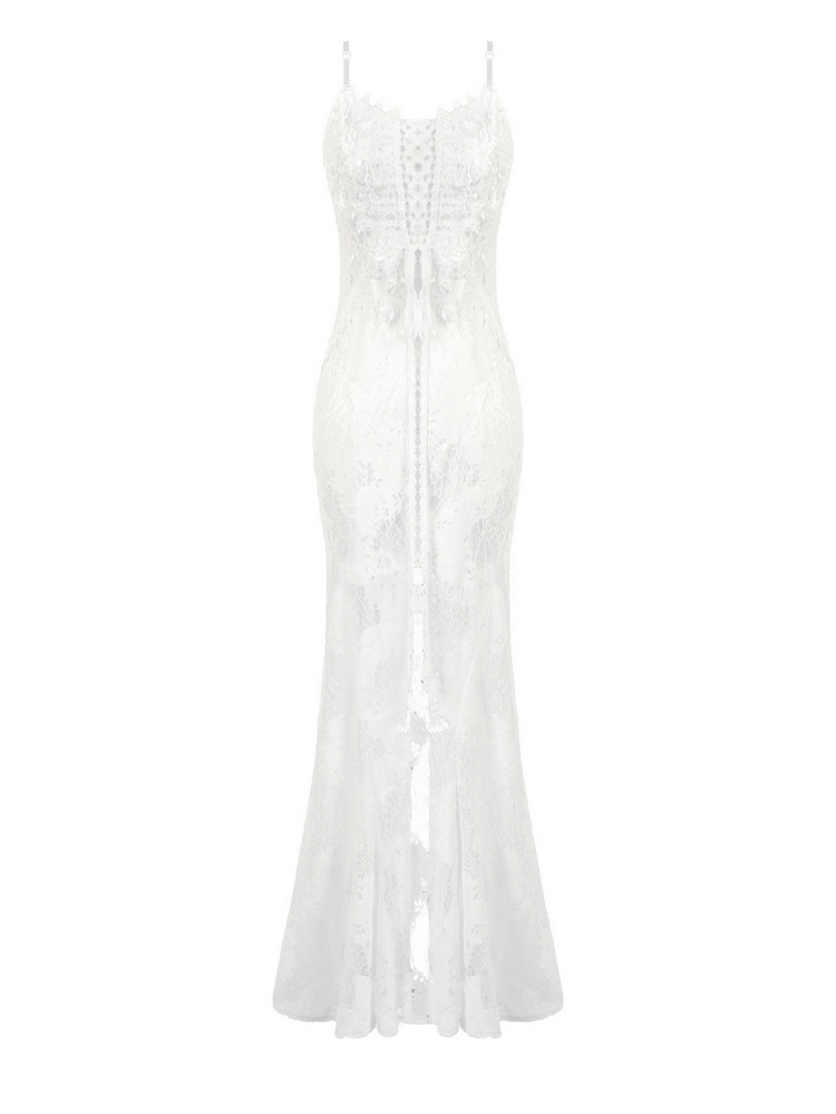 Elegant White Lace Gothic Dress with Spaghetti Straps - image 4