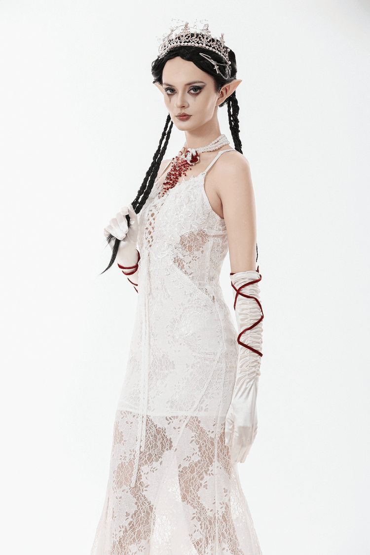 Elegant White Lace Gothic Dress with Spaghetti Straps - image 11