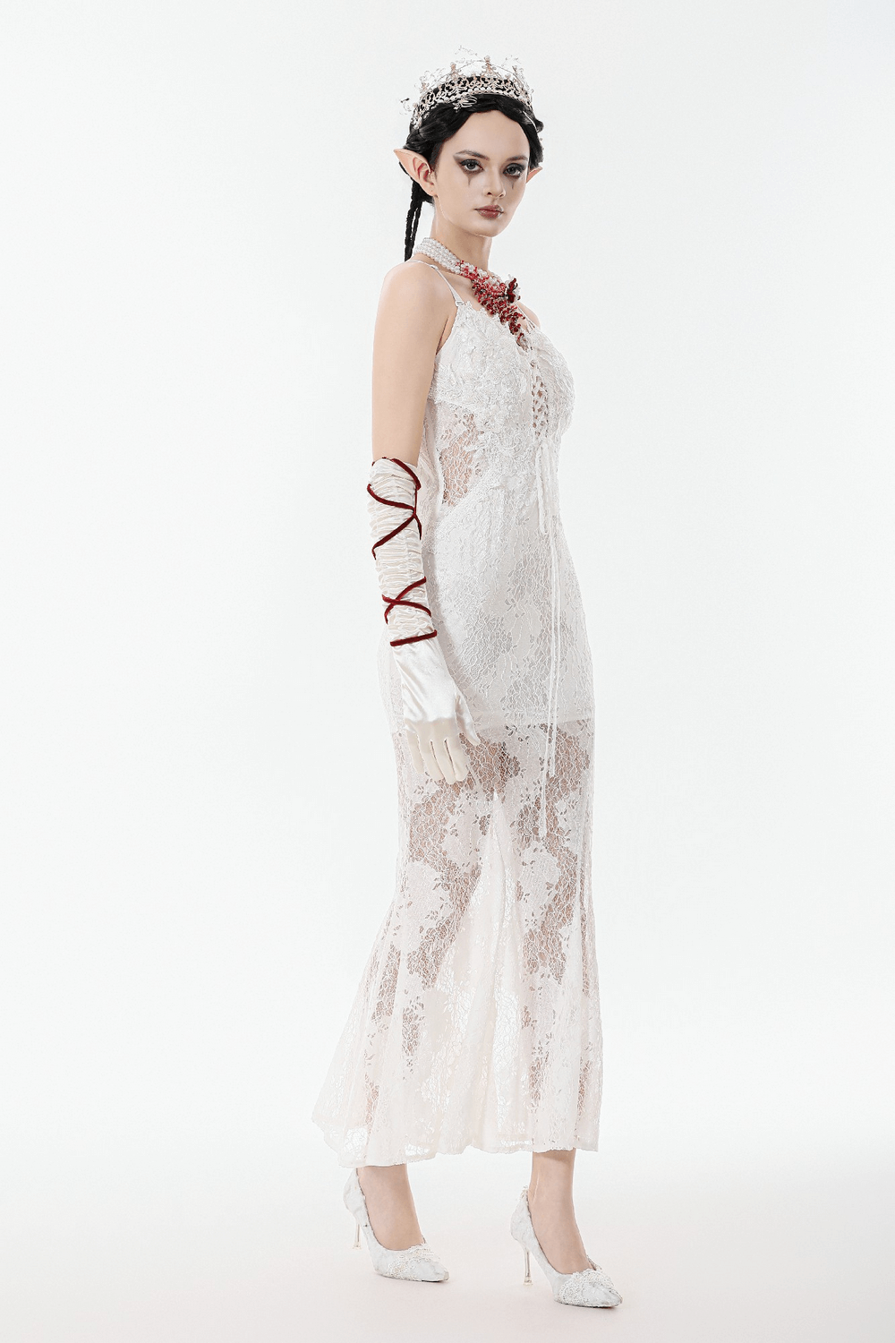 Elegant White Lace Gothic Dress with Spaghetti Straps - image 13