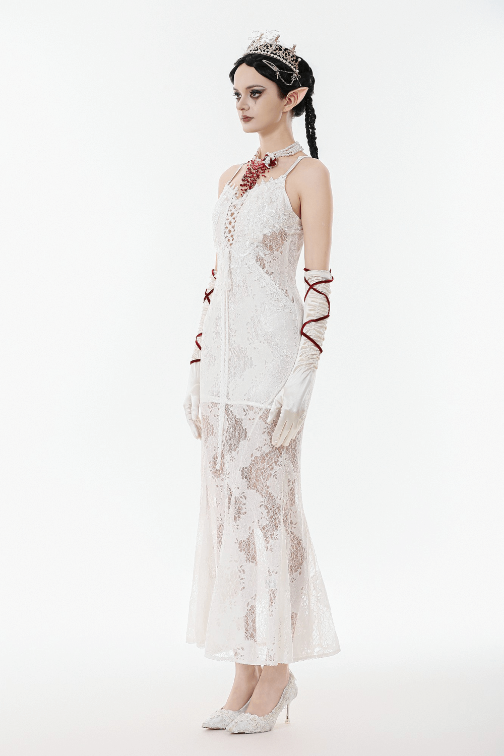 Elegant White Lace Gothic Dress with Spaghetti Straps - image 14