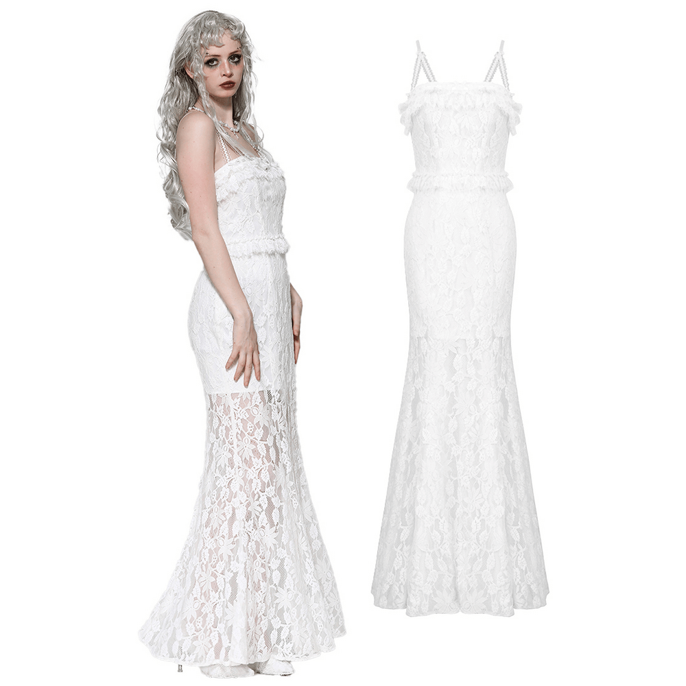 Elegant White Lace Mermaid Dress with Spaghetti Straps - image 3