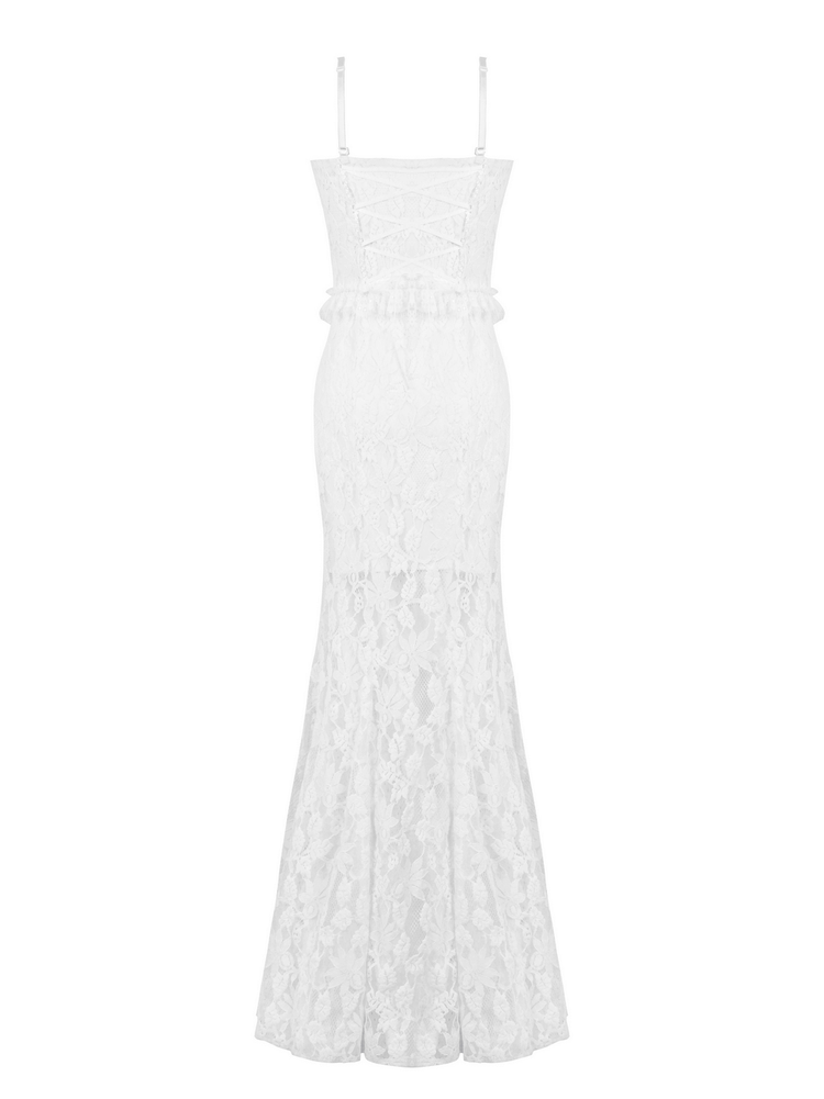 Elegant White Lace Mermaid Dress with Spaghetti Straps - image 5