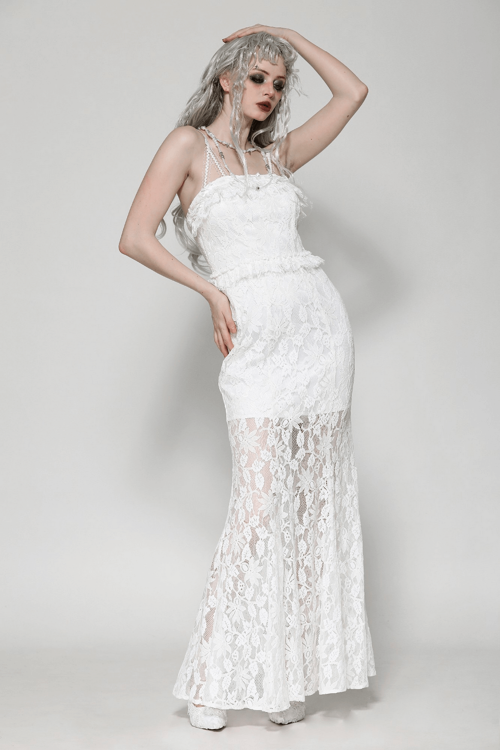 Elegant White Lace Mermaid Dress with Spaghetti Straps - image 13