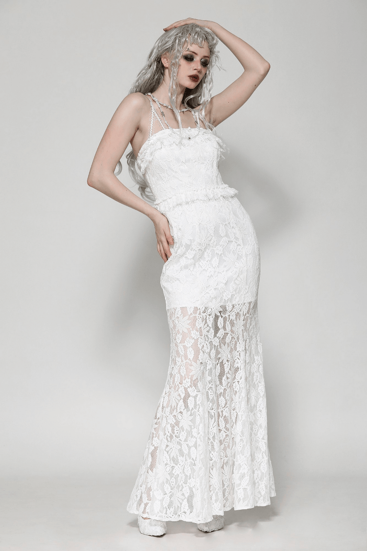 Elegant White Lace Mermaid Dress with Spaghetti Straps - image 13