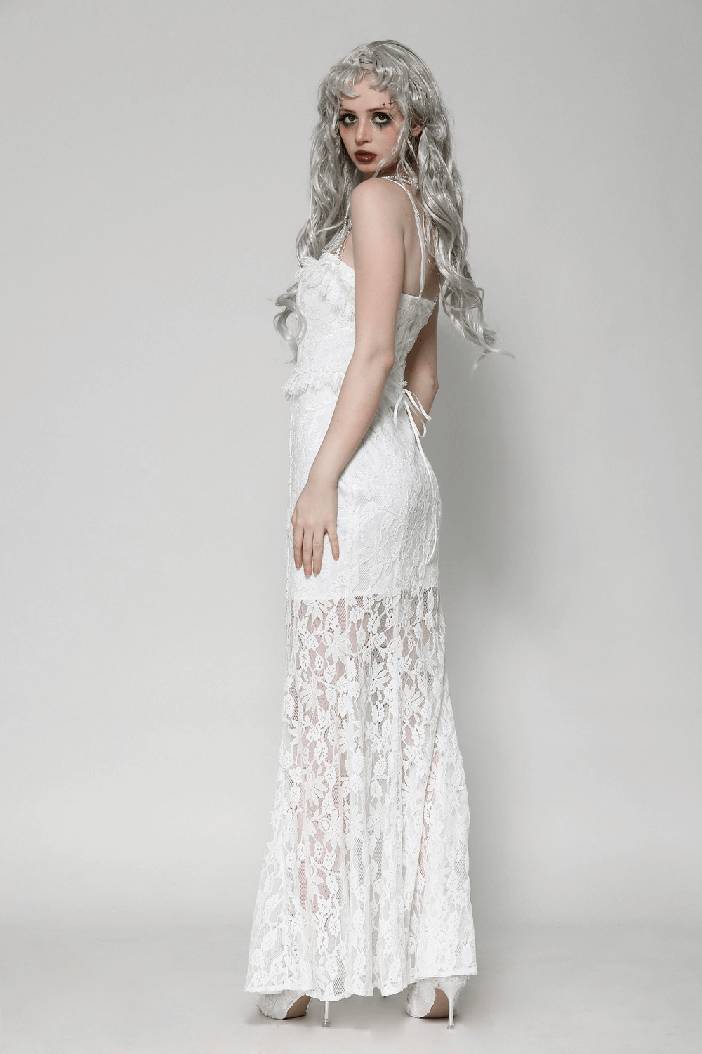 Elegant White Lace Mermaid Dress with Spaghetti Straps - image 14
