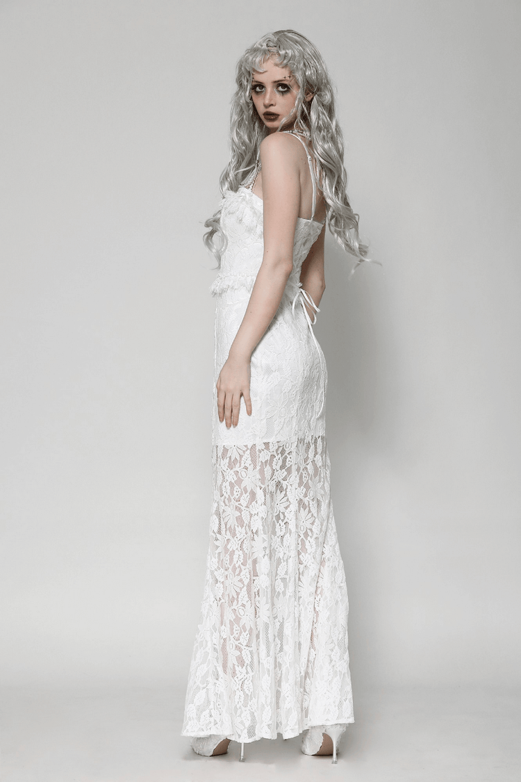 Elegant White Lace Mermaid Dress with Spaghetti Straps - image 14