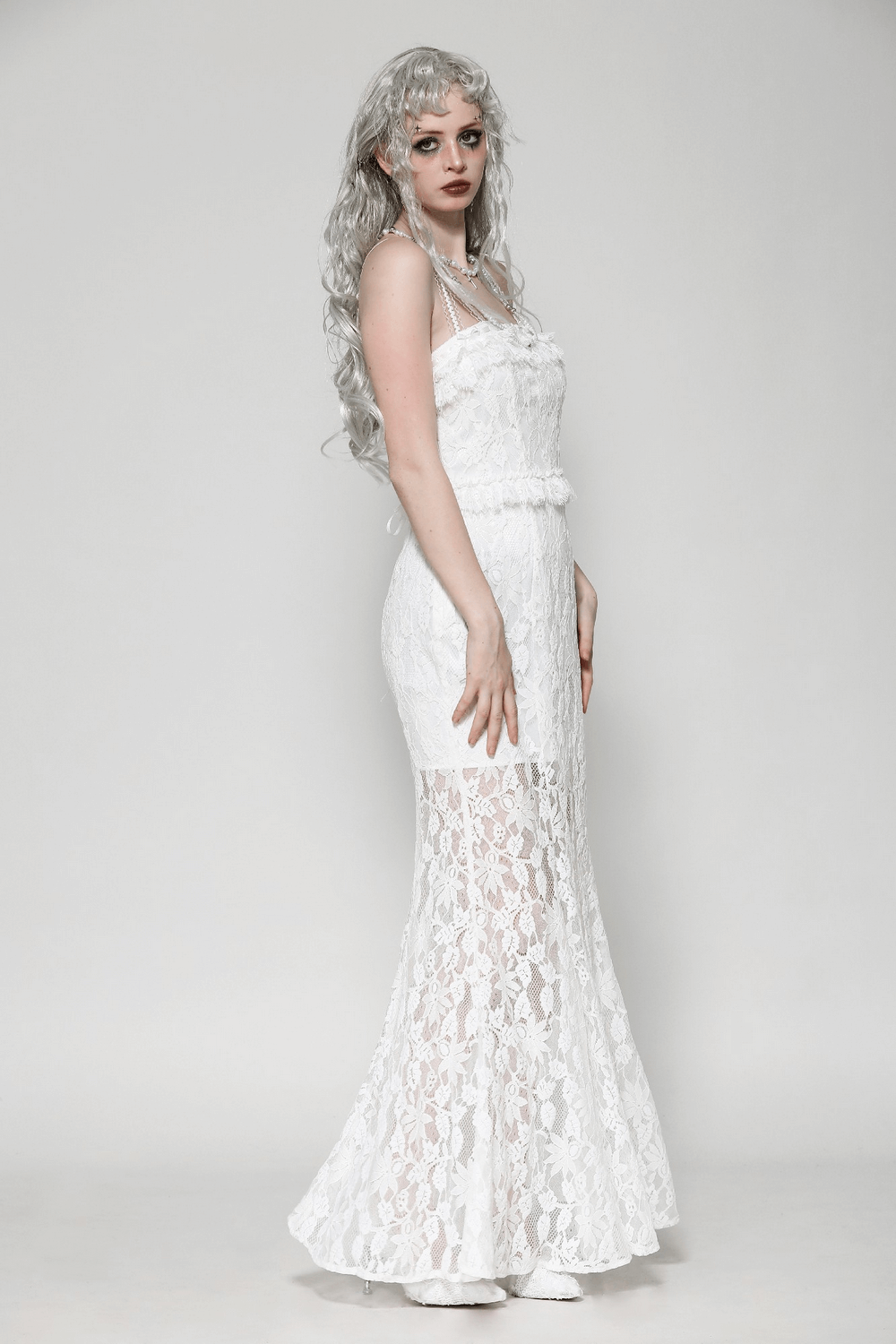 Elegant White Lace Mermaid Dress with Spaghetti Straps - image 15