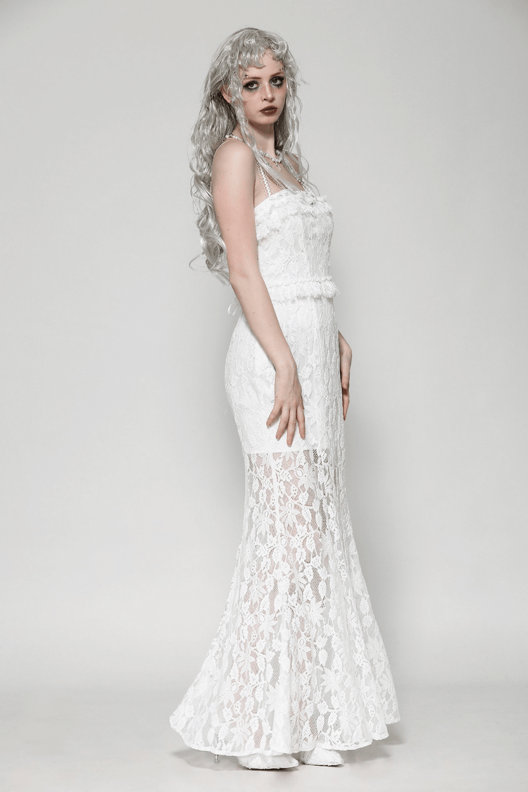 Elegant White Lace Mermaid Dress with Spaghetti Straps - image 15