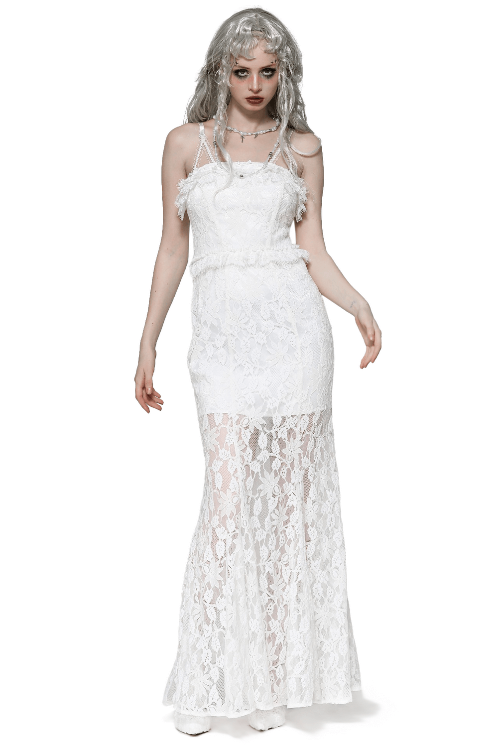 Elegant White Lace Mermaid Dress with Spaghetti Straps - image 1