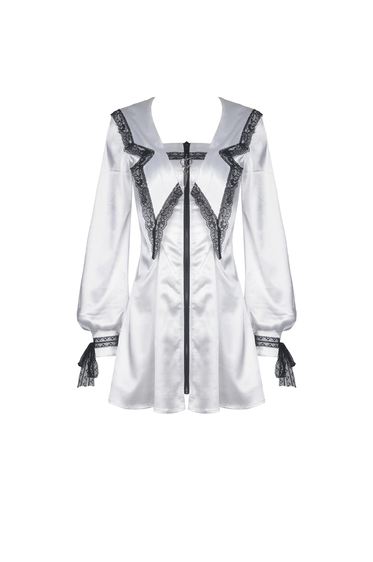 Elegant White Satin Dress with Black Lace Detailing - image 4
