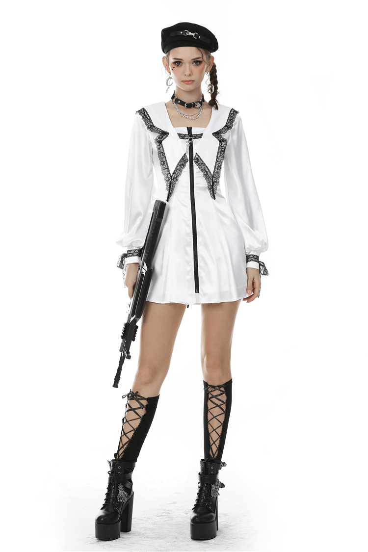 Elegant White Satin Dress with Black Lace Detailing - image 1
