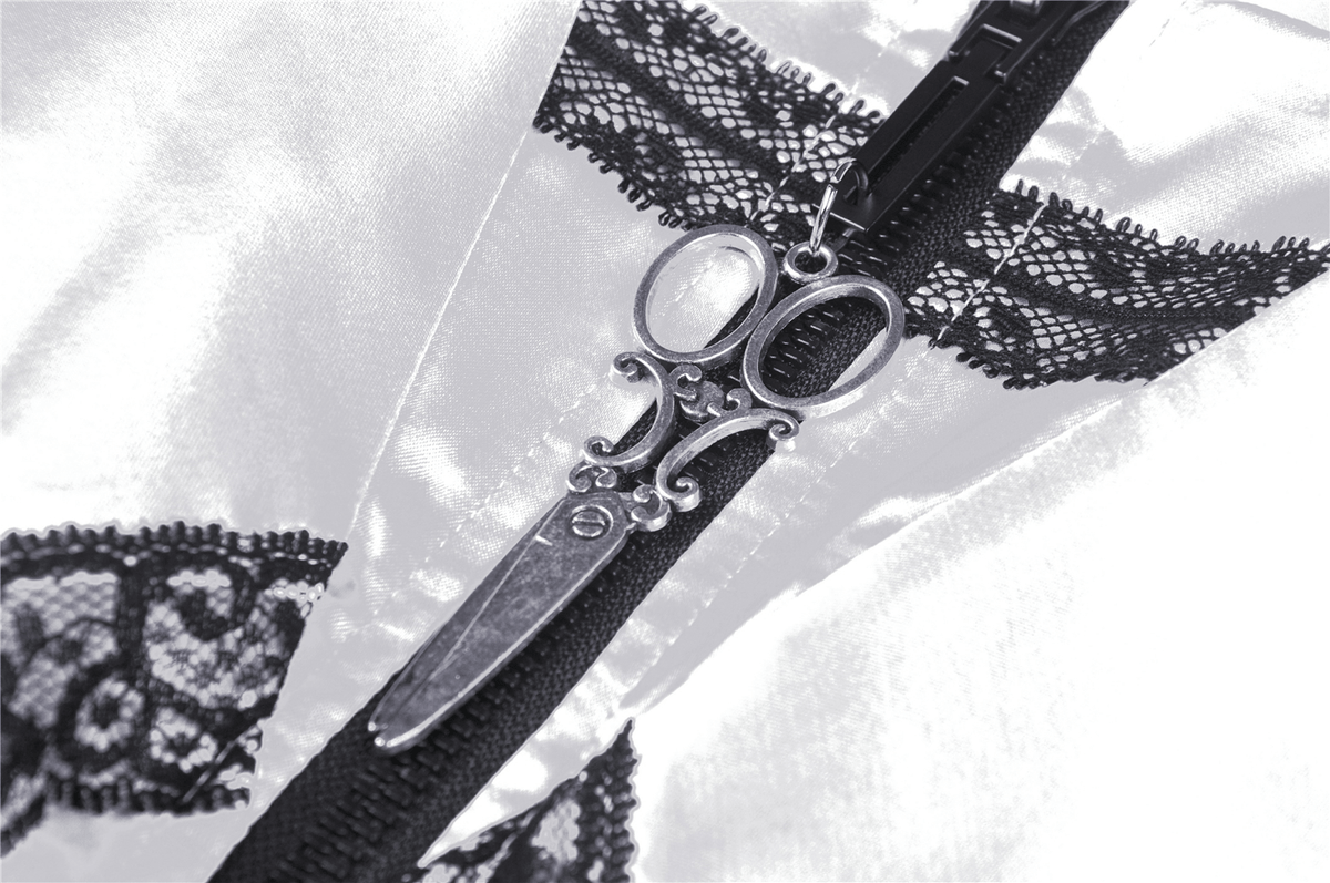 Elegant White Satin Dress with Black Lace Detailing - image 6