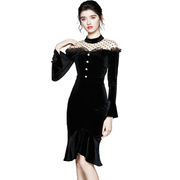 Elegant Women Velvet Dress Long Sleeve / Fashion Black Solid Ladies Dresses - image 1