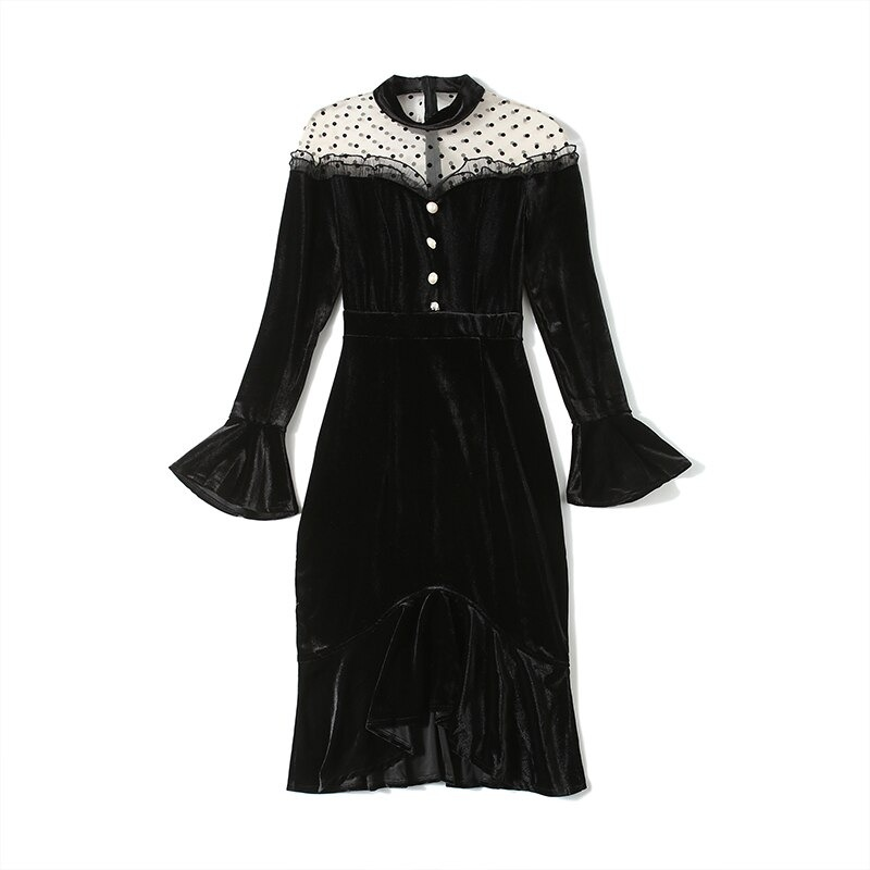 Elegant Women Velvet Dress Long Sleeve / Fashion Black Solid Ladies Dresses - image 3