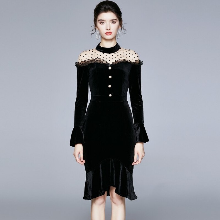Elegant Women Velvet Dress Long Sleeve / Fashion Black Solid Ladies Dresses - image 4