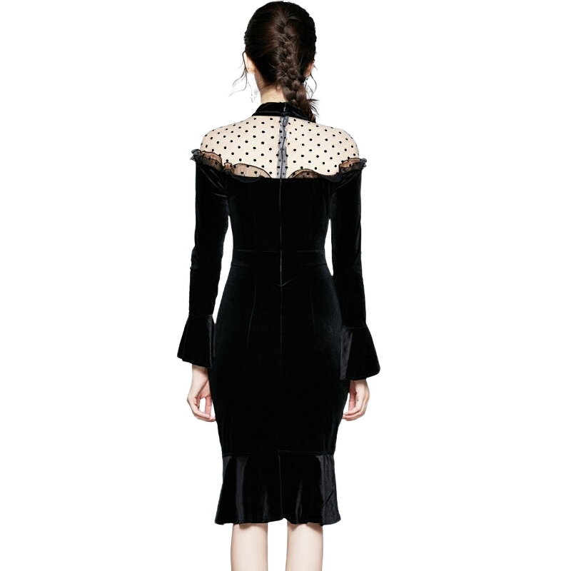 Elegant Women Velvet Dress Long Sleeve / Fashion Black Solid Ladies Dresses - image 2