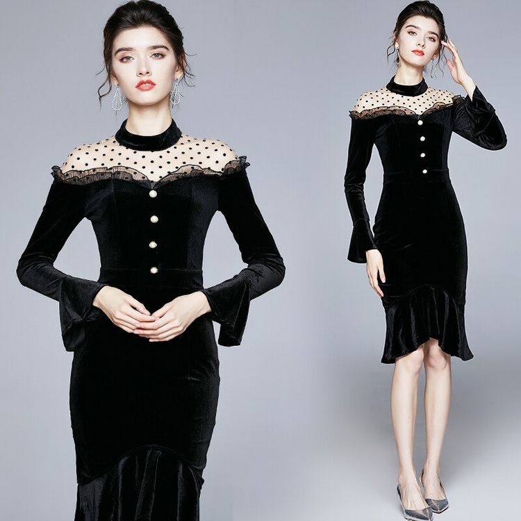 Elegant Women Velvet Dress Long Sleeve / Fashion Black Solid Ladies Dresses - image 5