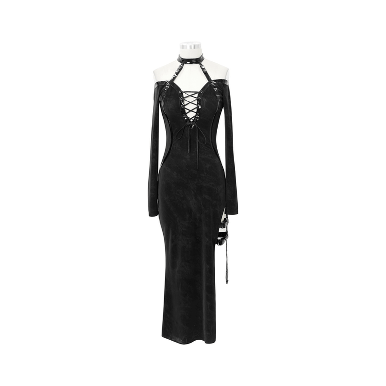Elegant Women's High Slit Long Dress with Leather Straps / Gothic Style Off-Shoulder Dress - image 3