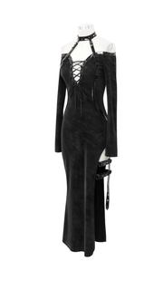 Elegant Women's High Slit Long Dress with Leather Straps / Gothic Style Off-Shoulder Dress - image 5