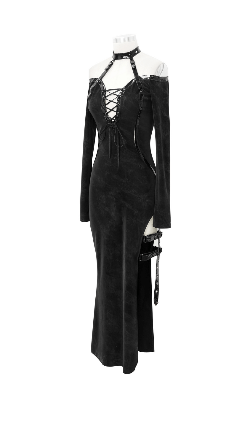 Elegant Women's High Slit Long Dress with Leather Straps / Gothic Style Off-Shoulder Dress - image 5