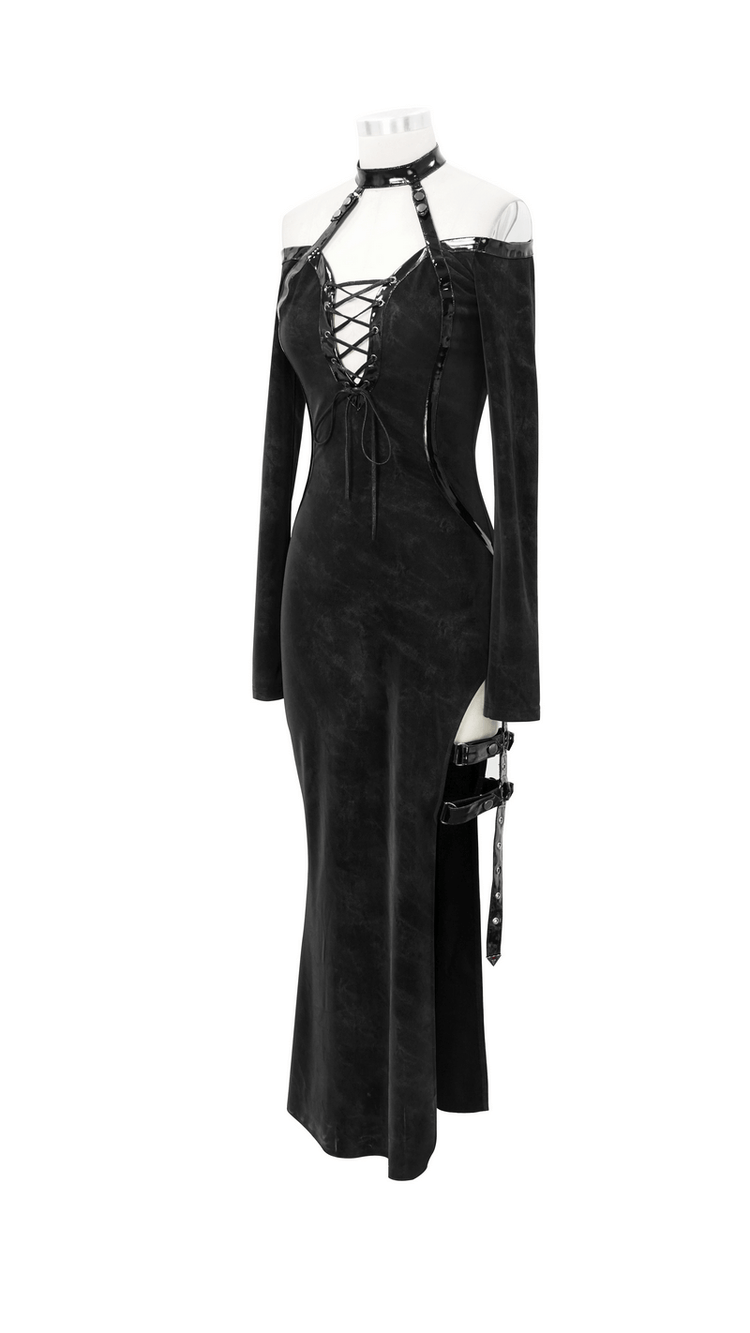 Elegant Women's High Slit Long Dress with Leather Straps / Gothic Style Off-Shoulder Dress - image 5