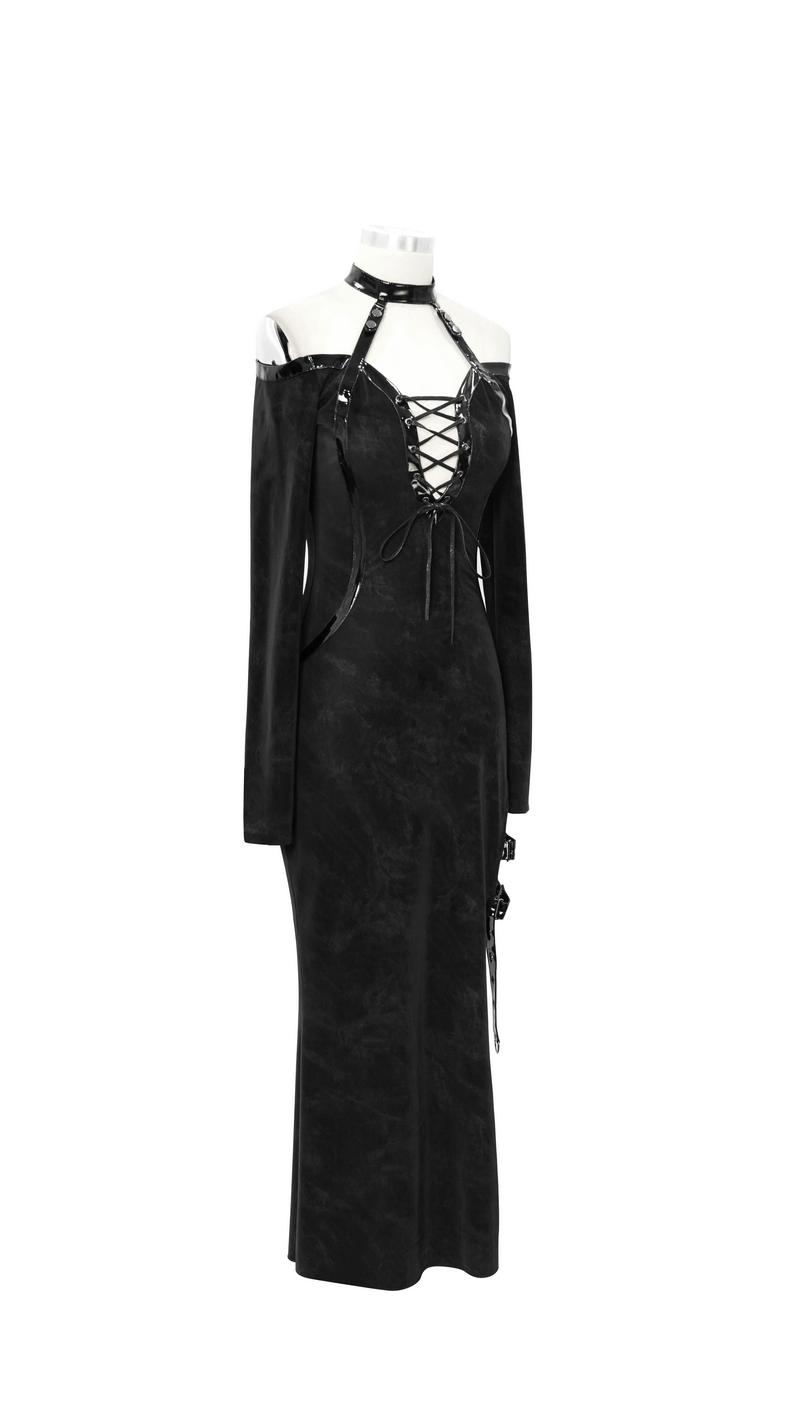 Elegant Women's High Slit Long Dress with Leather Straps / Gothic Style Off-Shoulder Dress - image 4